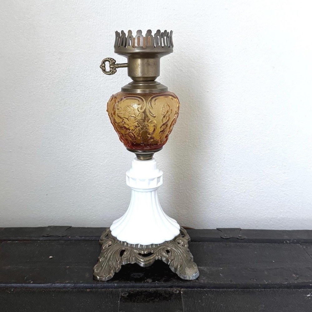 Vintage Amber Glass Electric Hurricane Table Lamp Milk Glass Metal Base